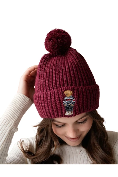 EYSHAN Ayıcık Nakışlı Teddy Bear Ponponlu Bere BORDO - 4