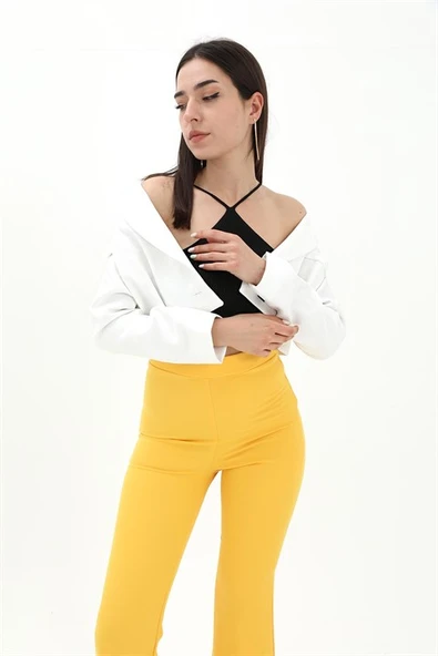 Crop Blazer Kısa Ceket - Ekru - Resim 5