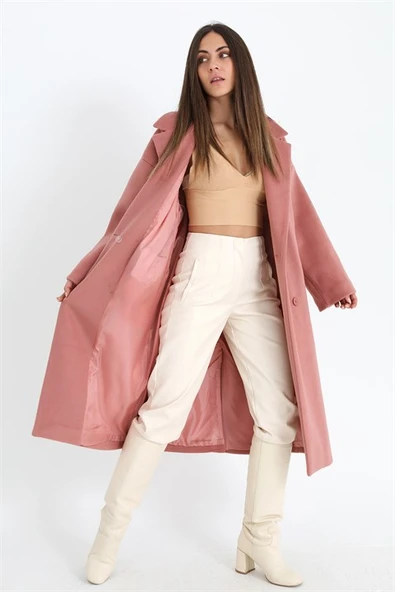 Kruvaze Yaka Uzun Kaşe Kaban - Pudra - 3