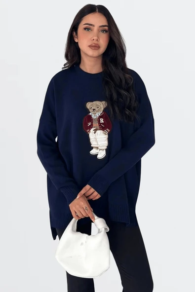 EYSHAN - Teddy Bear Ayıcıklı Triko Kazak - Aplike Ayıcık ve Arkadan Uzun Tasarım Bisiklet Yaka - 3