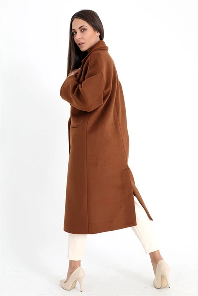 Kruvaze Yaka Uzun Kaşe Kaban - Taba - 8