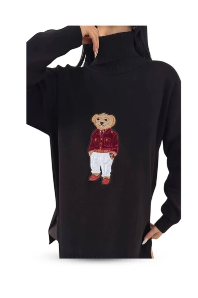 EYSHAN Ayıcıklı Kazak - Balıkçı Yaka Teddy Bear Aplikli Oversize Kadın Triko Kazak Siyah - 4