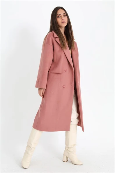 Kruvaze Yaka Uzun Kaşe Kaban - Pudra - 4