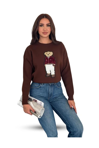 EYSHAN Teddy Bear Ayıcık Desenli Standart Beden Triko Kahverengi Kadın Kazak