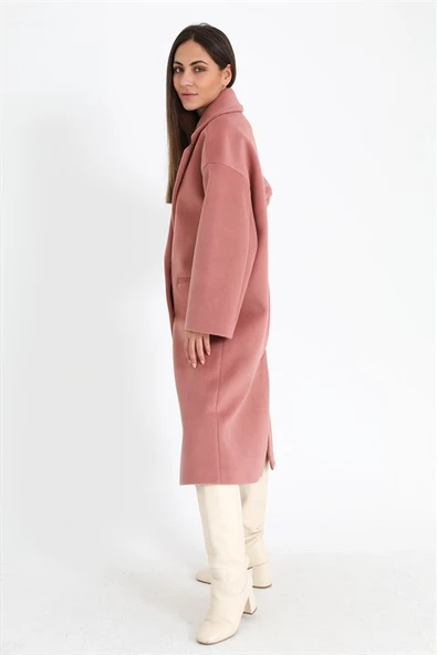 Kruvaze Yaka Uzun Kaşe Kaban - Pudra - 7