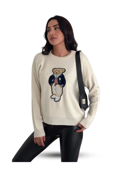 EYSHAN Teddy Bear Ayıcık Desenli Standart Beden Triko Krem Kadın Kazak - 5