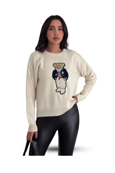 EYSHAN Teddy Bear Ayıcık Desenli Standart Beden Triko Krem Kadın Kazak