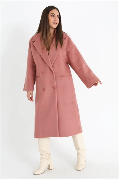 Kruvaze Yaka Uzun Kaşe Kaban - Pudra - 2