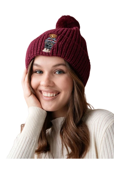 EYSHAN Ayıcık Nakışlı Teddy Bear Ponponlu Bere BORDO