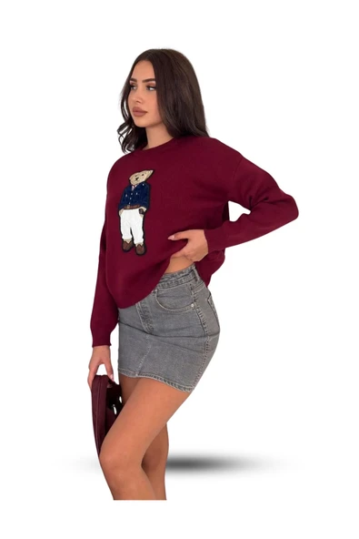EYSHAN Teddy Bear Ayıcık Desenli Standart Beden Triko Bordo Kadın Kazak - 5