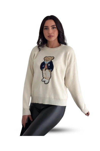 EYSHAN Teddy Bear Ayıcık Desenli Standart Beden Triko Krem Kadın Kazak - 4