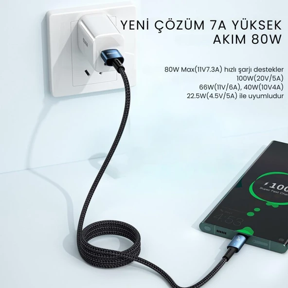 Essager 3 Metre 80W 7A USB to Type-C Süper Hızlı Data Şarj Kablosu, Ultra Dayanıklı Şarj ve Data Kablosu - 3