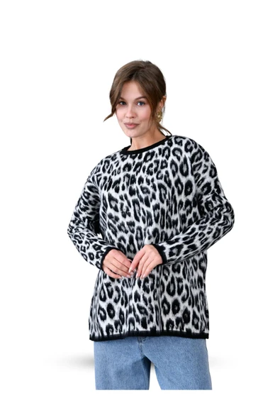 EYSHAN Leopar Desen Şardonlu Geniş Rahat Kesim Kadın Triko Kazak - 5