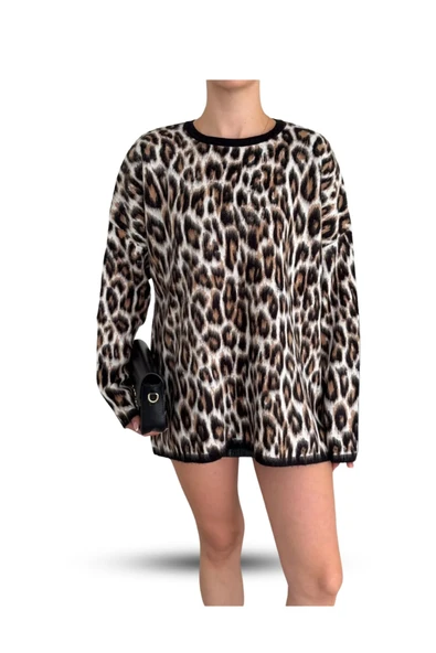 EYSHAN Leopar Desen Şardonlu Kadın Triko Kazak - 2