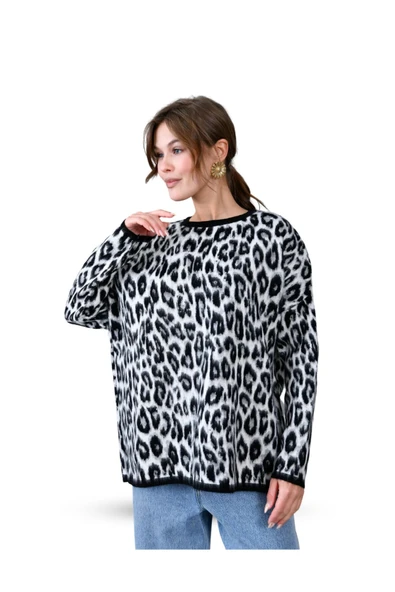 EYSHAN Leopar Desen Şardonlu Geniş Rahat Kesim Kadın Triko Kazak - 4