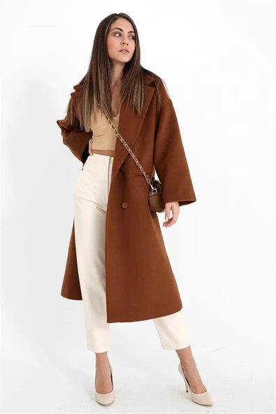 Kruvaze Yaka Uzun Kaşe Kaban - Taba - 3