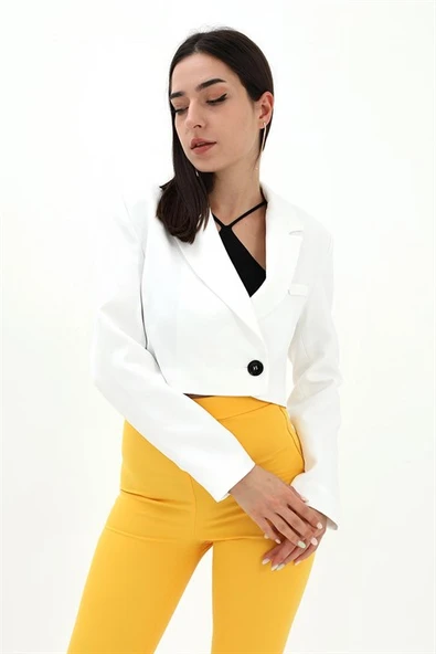 Crop Blazer Kısa Ceket - Ekru - Resim 3