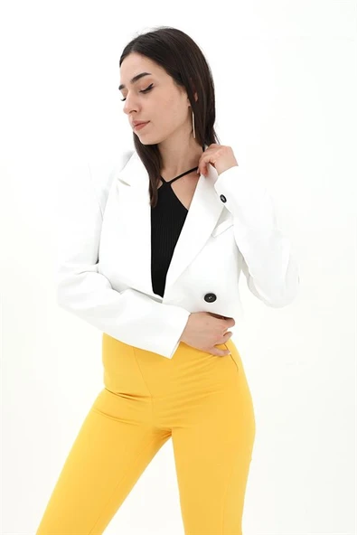 Crop Blazer Kısa Ceket - Ekru - Resim 4