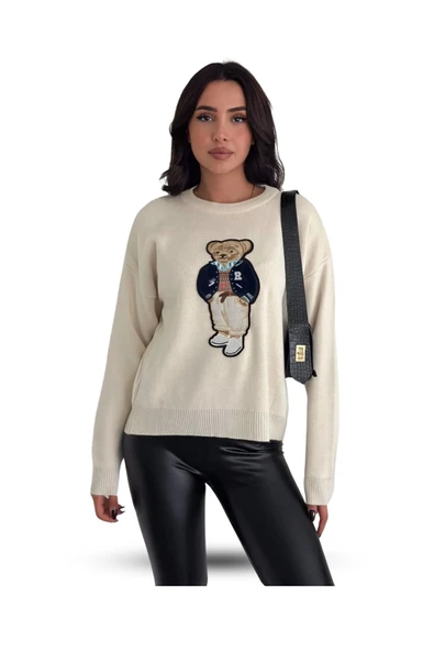 EYSHAN Teddy Bear Ayıcık Desenli Standart Beden Triko Krem Kadın Kazak - 3