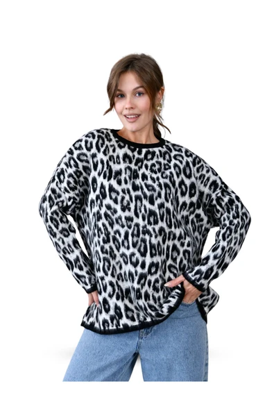 EYSHAN Leopar Desen Şardonlu Geniş Rahat Kesim Kadın Triko Kazak