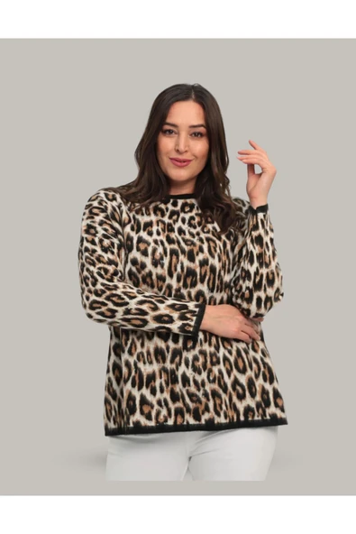 EYSHAN Leopar Desen Büyük Beden Triko Kazak - 6