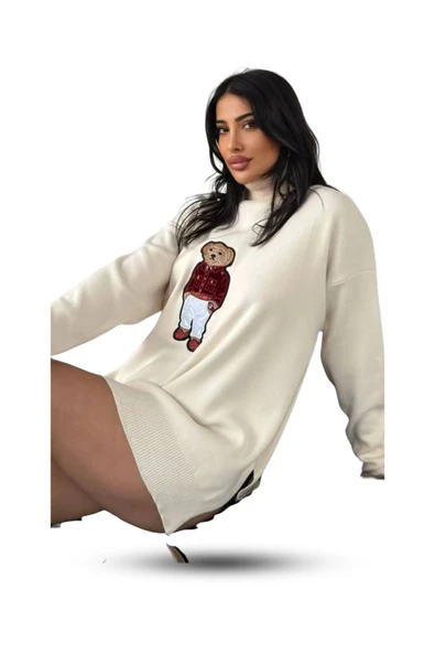 EYSHAN Ayıcıklı Kazak - Balıkçı Yaka Teddy Bear Aplikli Oversize Kadın Triko Kazak KREM - 4