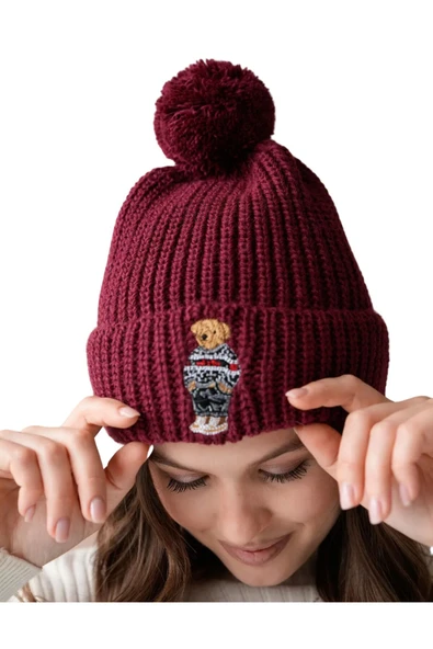 EYSHAN Ayıcık Nakışlı Teddy Bear Ponponlu Bere BORDO - 6