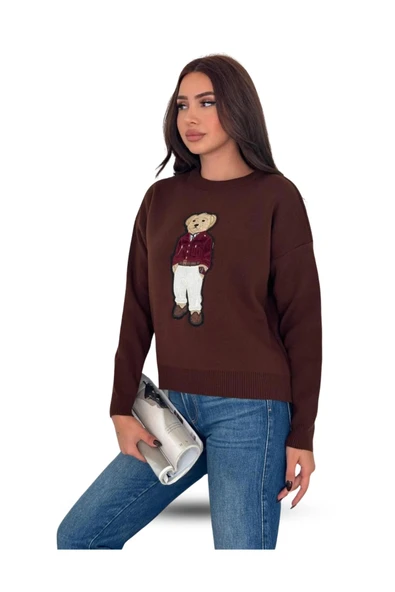 EYSHAN Teddy Bear Ayıcık Desenli Standart Beden Triko Kahverengi Kadın Kazak - 4