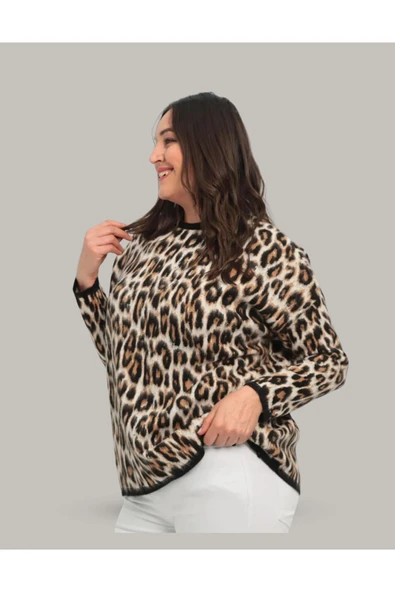 EYSHAN Leopar Desen Büyük Beden Triko Kazak - 5