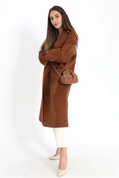 Kruvaze Yaka Uzun Kaşe Kaban - Taba - 4