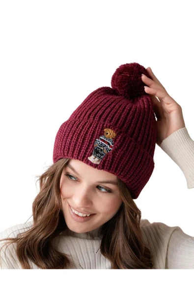 EYSHAN Ayıcık Nakışlı Teddy Bear Ponponlu Bere BORDO - 5