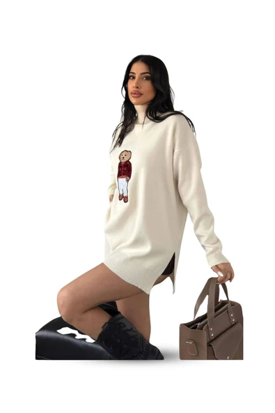 EYSHAN Ayıcıklı Kazak - Balıkçı Yaka Teddy Bear Aplikli Oversize Kadın Triko Kazak KREM - 2