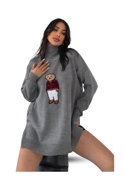 EYSHAN Ayıcıklı Kazak - Balıkçı Yaka Teddy Bear Aplikli Oversize Kadın Triko Kazak