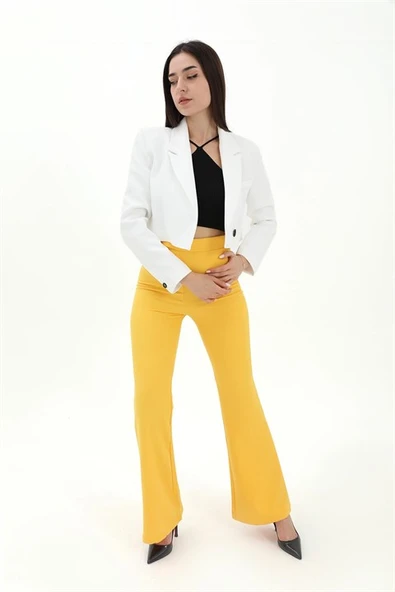 Crop Blazer Kısa Ceket - Ekru - Resim 2