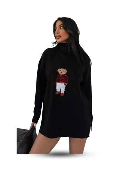 EYSHAN Ayıcıklı Kazak - Balıkçı Yaka Teddy Bear Aplikli Oversize Kadın Triko Kazak Siyah - 2