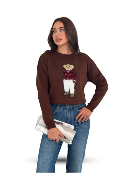 EYSHAN Teddy Bear Ayıcık Desenli Standart Beden Triko Kahverengi Kadın Kazak - 2