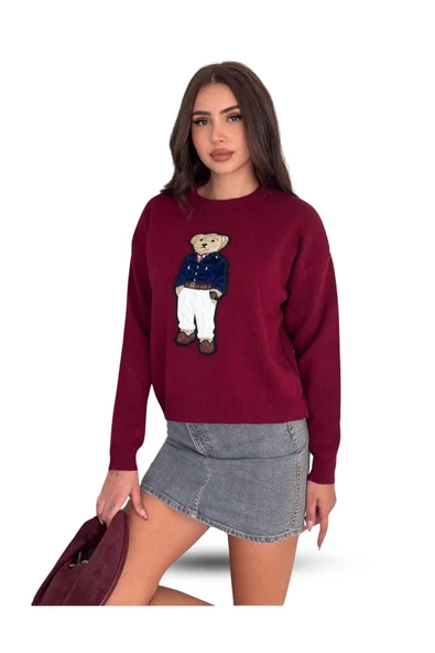 EYSHAN Teddy Bear Ayıcık Desenli Standart Beden Triko Bordo Kadın Kazak - 4