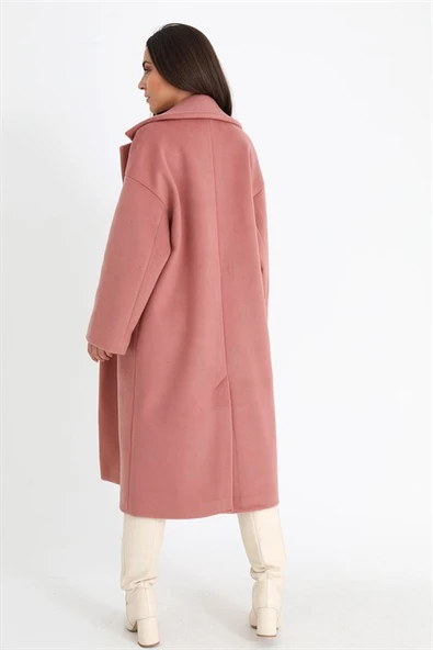 Kruvaze Yaka Uzun Kaşe Kaban - Pudra - 8