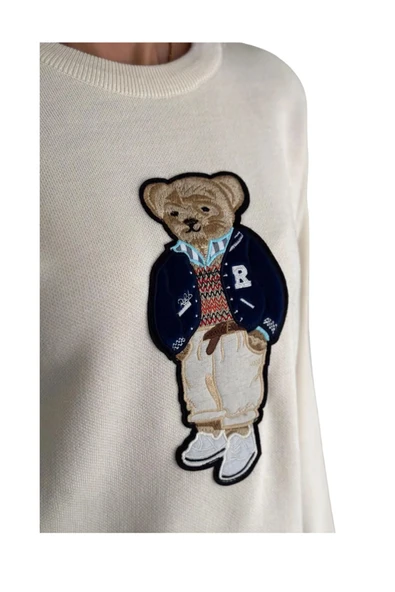 EYSHAN Teddy Bear Ayıcık Desenli Standart Beden Triko Krem Kadın Kazak - 2