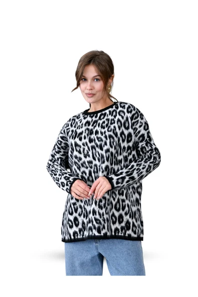 EYSHAN Leopar Desen Şardonlu Geniş Rahat Kesim Kadın Triko Kazak - 3