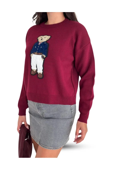 EYSHAN Teddy Bear Ayıcık Desenli Standart Beden Triko Bordo Kadın Kazak - 2