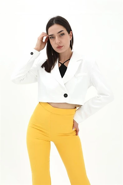 Crop Blazer Kısa Ceket - Ekru ürün görseli 1
