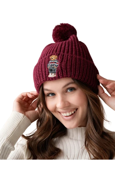 EYSHAN Ayıcık Nakışlı Teddy Bear Ponponlu Bere BORDO - 3