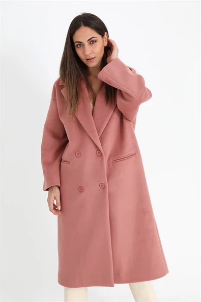 Kruvaze Yaka Uzun Kaşe Kaban - Pudra - 6