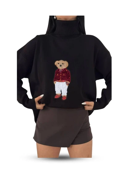 EYSHAN Ayıcıklı Kazak - Balıkçı Yaka Teddy Bear Aplikli Oversize Kadın Triko Kazak Siyah - 3