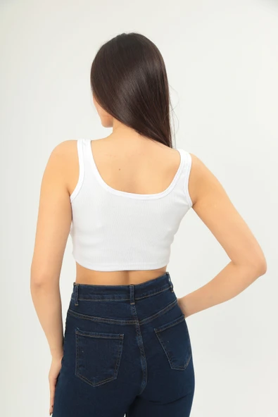 Fitilli Görünümlü Askılı Kalın Esnek Örme basıc crop - Resim 4