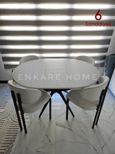 Enkare Oliva Masa Badem Sandalye Takımı 6 Sandalye + Yuvarlak Açılabilir Mdf Masa