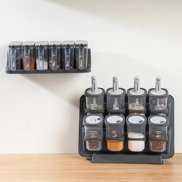 Porsima 8li-6lı Etiketli Kendinden Yapışkanlı Tezgah Üstü Kaşıklı Standlı Döner Kapaklı Baharatlık Seti - 2