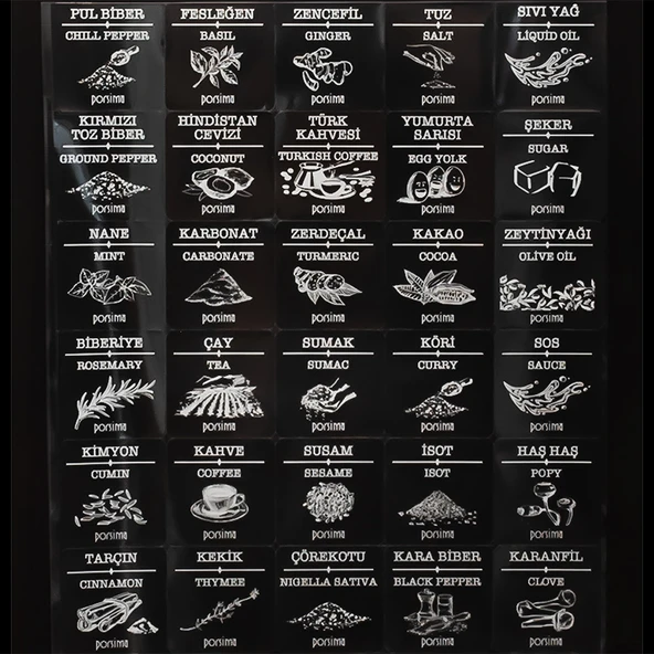 Porsima 8li-6lı Etiketli Kendinden Yapışkanlı Tezgah Üstü Kaşıklı Standlı Döner Kapaklı Baharatlık Seti - 6