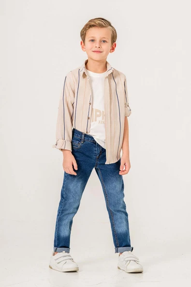 Çizgili Desenli Uzun Kol 3 Parça Erkek Çocuk Gömlekli Takım - 10